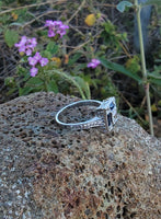 18k white gold engraved diamond & sapphire estate Art Deco c.1920's square ring