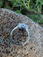 18k white gold engraved diamond & sapphire estate Art Deco c.1920's square ring