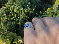 18k white gold engraved diamond & sapphire estate Art Deco c.1920's square ring