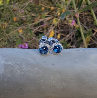 14k white gold blue sapphire and diamond halo studs