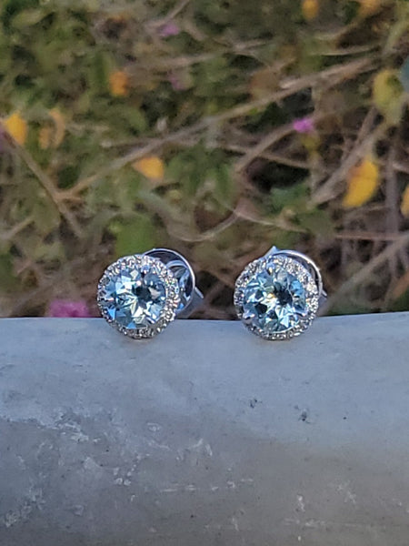 14k white gold aquamarine and diamond halo studs