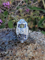 14k white gold diamond & blue sapphire estate Art Deco c.1920's filigree glove shield ring