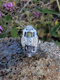 14k white gold diamond & blue sapphire estate Art Deco c.1920's filigree glove shield ring