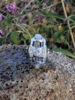 14k white gold diamond & blue sapphire estate Art Deco c.1920's filigree glove shield ring