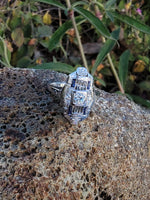 14k white gold diamond & blue sapphire estate Art Deco c.1920's filigree glove shield ring