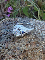 18k white gold European cut diamond & sapphire estate filigree Art Deco c.1920's ring