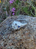 18k white gold European cut diamond & sapphire estate filigree Art Deco c.1920's ring