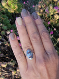 14k white gold diamond & blue sapphire estate Art Deco c.1920's filigree glove shield ring