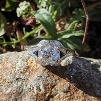 18k white gold European cut diamond & sapphire estate filigree Art Deco c.1920's ring