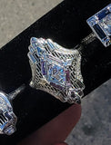 14k white gold diamond & pink sapphire estate Art Deco c.1920's filigree glove shield ring