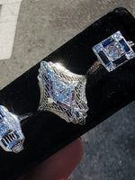 18k white gold engraved diamond & sapphire estate Art Deco c.1920's square ring