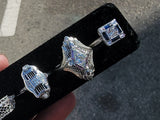 18k white gold engraved diamond & sapphire estate Art Deco c.1920's square ring