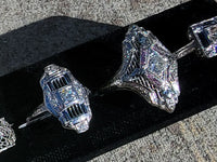 14k white gold diamond & pink sapphire estate Art Deco c.1920's filigree glove shield ring
