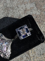 18k white gold engraved diamond & sapphire estate Art Deco c.1920's square ring