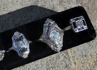 18k white gold engraved diamond & sapphire estate Art Deco c.1920's square ring
