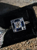18k white gold engraved diamond & sapphire estate Art Deco c.1920's square ring