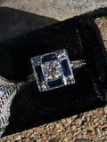 18k white gold engraved diamond & sapphire estate Art Deco c.1920's square ring