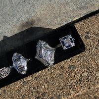 18k white gold engraved diamond & sapphire estate Art Deco c.1920's square ring