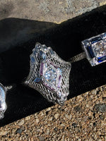 18k white gold engraved diamond & sapphire estate Art Deco c.1920's square ring
