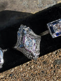 18k white gold engraved diamond & sapphire estate Art Deco c.1920's square ring