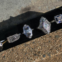 18k white gold engraved diamond & sapphire estate Art Deco c.1920's square ring