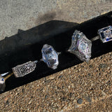 18k white gold engraved diamond & sapphire estate Art Deco c.1920's square ring