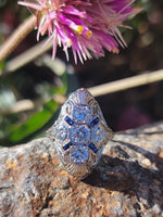 18k white gold diamond & sapphire estate Art Deco c.1920's filigree glove shield ring