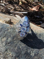 18k white gold diamond & sapphire estate Art Deco c.1920's filigree glove shield ring