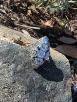 18k white gold diamond & sapphire estate Art Deco c.1920's filigree glove shield ring