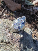 18k white gold diamond & sapphire estate Art Deco c.1920's filigree glove shield ring