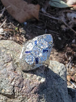 18k white gold diamond & sapphire estate Art Deco c.1920's filigree glove shield ring