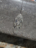 platinum & 18k gold two tone Deco estate sapphire & diamond pendant necklace lavaliere