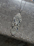 platinum & 18k gold two tone Deco estate sapphire & diamond pendant necklace lavaliere
