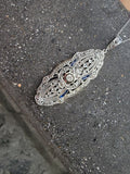 platinum & 18k gold two tone Deco estate sapphire & diamond pendant necklace lavaliere