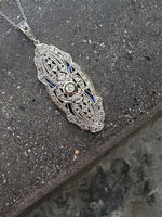 platinum & 18k gold two tone Deco estate sapphire & diamond pendant necklace lavaliere