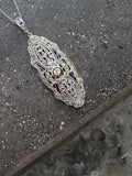 platinum & 18k gold two tone Deco estate sapphire & diamond pendant necklace lavaliere
