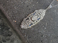platinum & 18k gold two tone Deco estate sapphire & diamond pendant necklace lavaliere