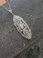 platinum & 18k gold two tone Deco estate sapphire & diamond pendant necklace lavaliere