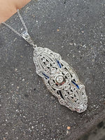 platinum & 18k gold two tone Deco estate sapphire & diamond pendant necklace lavaliere