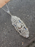 platinum & 18k gold two tone Deco estate sapphire & diamond pendant necklace lavaliere