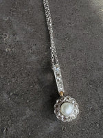 Platinum & 14k gold Edwardian pearl & diamond halo pendant necklace lavaliere