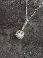 Platinum & 14k gold Edwardian pearl & diamond halo pendant necklace lavaliere