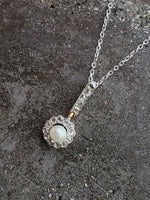 Platinum & 14k gold Edwardian pearl & diamond halo pendant necklace lavaliere