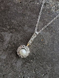 Platinum & 14k gold Edwardian pearl & diamond halo pendant necklace lavaliere