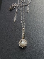 Platinum & 14k gold Edwardian pearl & diamond halo pendant necklace lavaliere