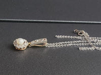 Platinum & 14k gold Edwardian pearl & diamond halo pendant necklace lavaliere