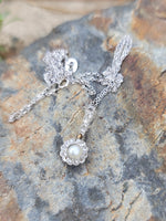 Platinum & 14k gold Edwardian pearl & diamond halo pendant necklace lavaliere