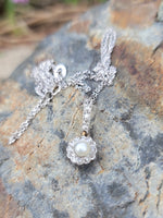 Platinum & 14k gold Edwardian pearl & diamond halo pendant necklace lavaliere