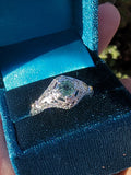 18K white gold green sapphire c.1920's filigree ring