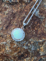 14k white gold opal & diamond halo necklace pendant